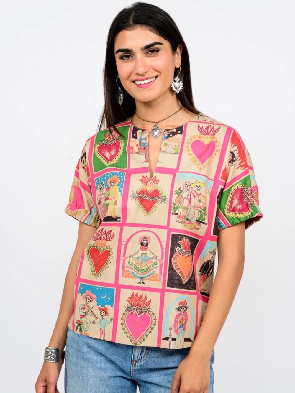 Sister Mary El Corazon Mexican Folk Art Skull Heart 100% Cotton Top M/L